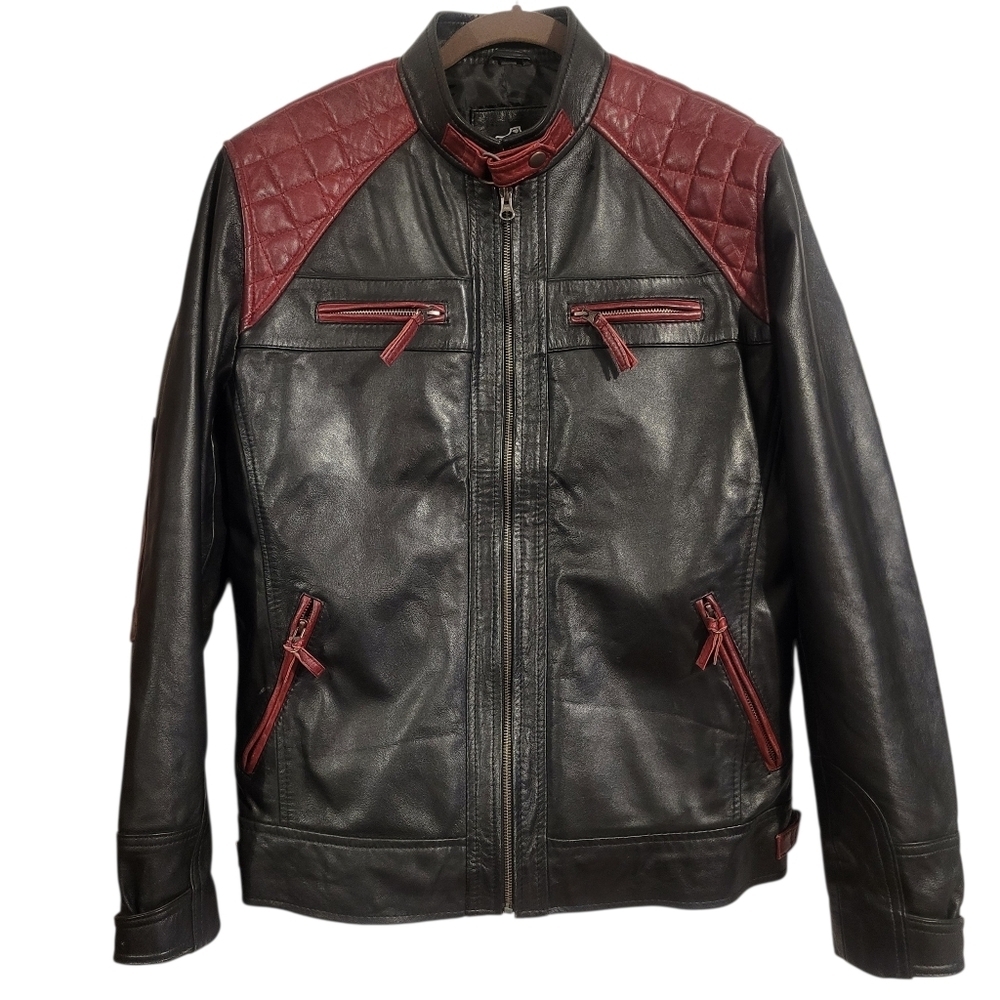 Mens Large Genuine Leather Moto Motorcycle Full Zip Jacket Red Black Colorblock